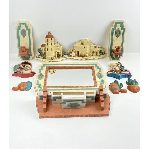 Vtg Burwood Products Sconces Mirror Shelf Set Aztec Southwest Boho - Set of 11 - Picture 1 of 14